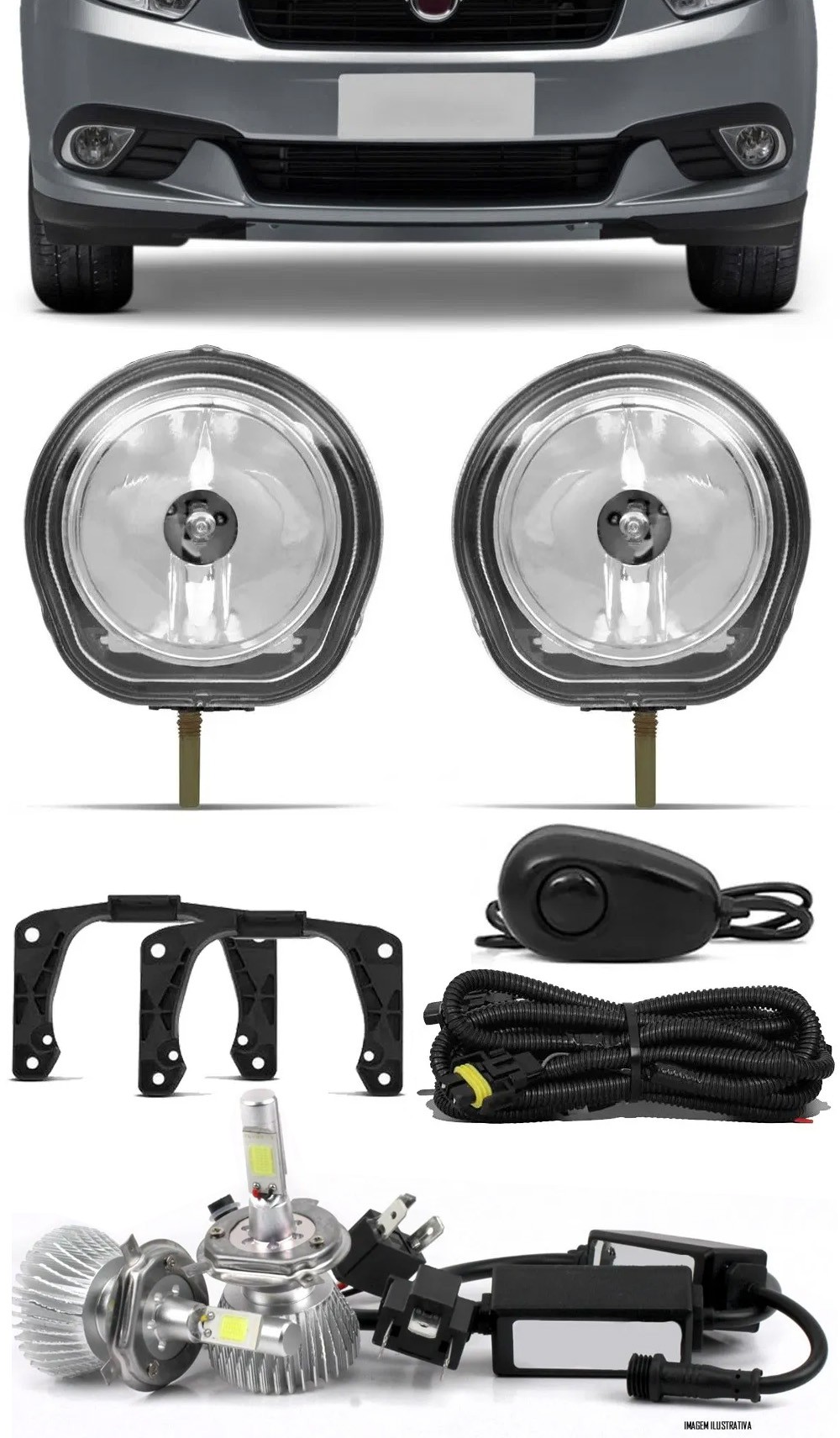 Kit Farol de Milha Neblina Fiat Grand Siena 2012 até 2021 + Kit Lâmpada Super LED 6000K
