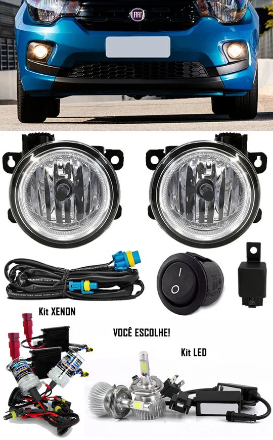 Kit Farol de Milha Neblina Fiat Mobi - Interruptor Alternativo + Kit Xenon 6000K 8000K ou Kit Lâmpada Super LED 6000K