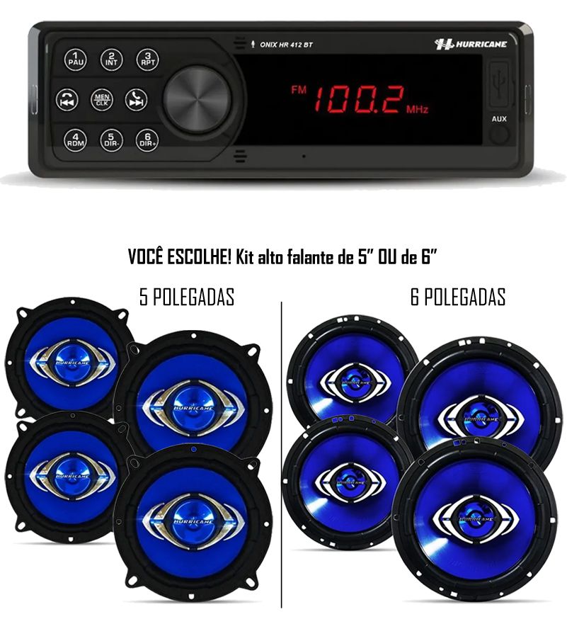 Kit Som Automotivo Hurricane Rádio HR 412BT Bluetooth Com 2 Alto Falantes