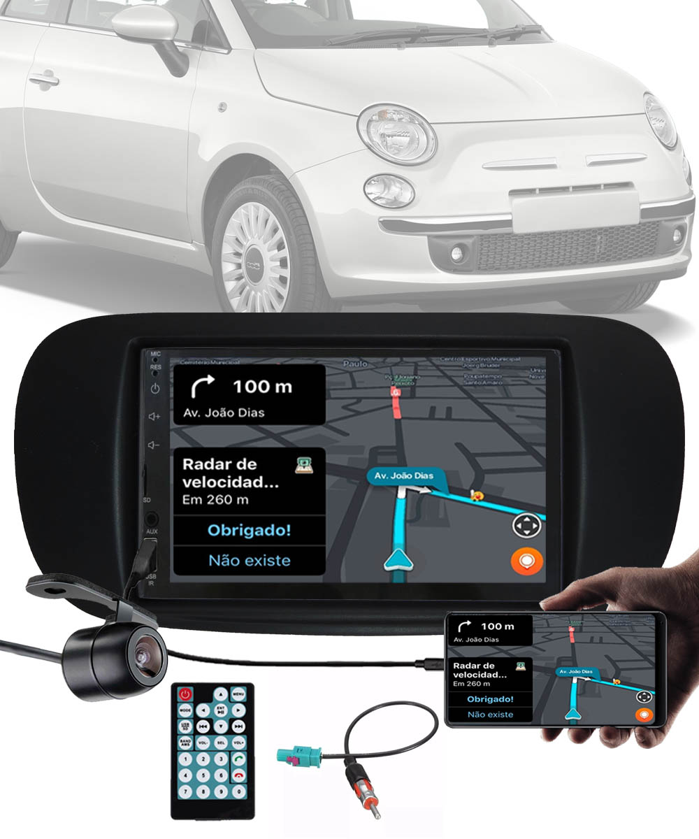 Multimídia 7" Polegadas Fiat 500 2007 até 2019 Espelhamento Bluetooth USB SD Card + Moldura + Chicotes + Câmera Ré