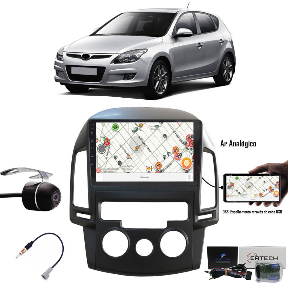 Multimídia 9" Hyundai I30 2009 até 2013 Espelhamento USB Bluetooth + Câmera de Ré + Moldura + Adaptador de Antena + Interface Comando de Volante