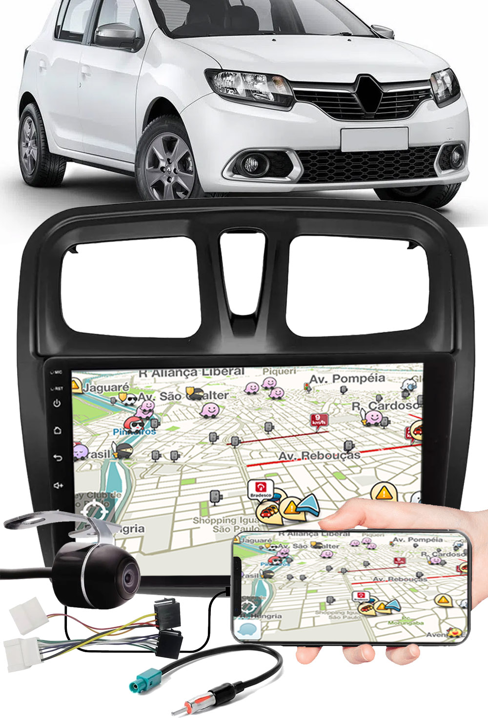 Multimídia 9" Polegadas Renault Sandero 2017 à 2021 Espelhamento USB Bluetooth + Moldura Painel + Chicotes + Câmera de Ré
