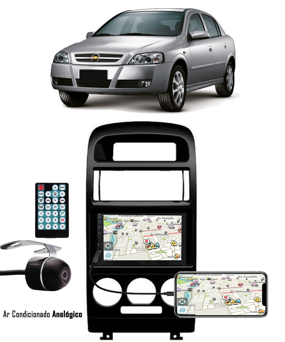 Multimídia GM Astra Hatch/Sedan 1998 até 2013 Espelhamento Bluetooth USB SD Card + Moldura + Câmera Borboleta