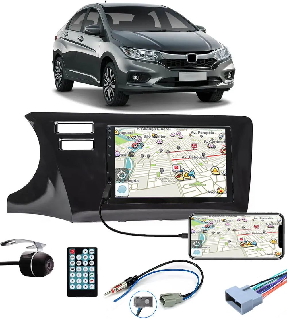 Multimídia Honda City 2015 2016 2017 2018 2019 2020 2021 Espelhamento Bluetooth USB SD Card + Moldura + Câmera Borboleta + Chicote + Adaptador de Antena + Interface de Volante