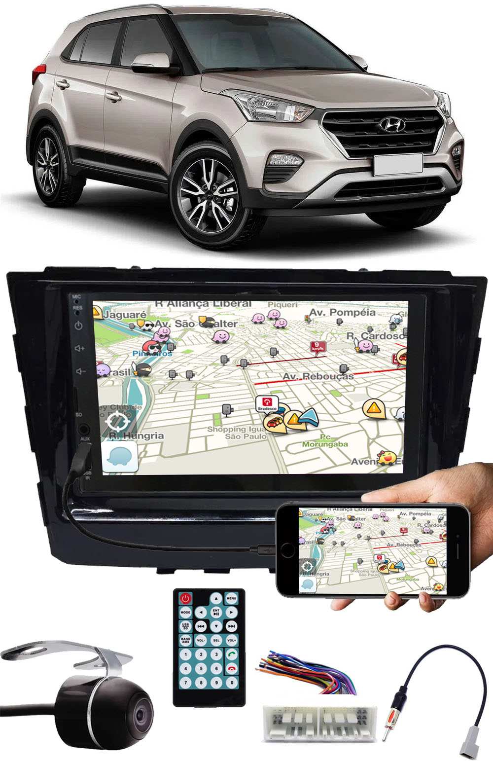 Multimídia Hyundai Creta Espelhamento Bluetooth USB SD Card + Moldura + Chicotes + Câmera Ré