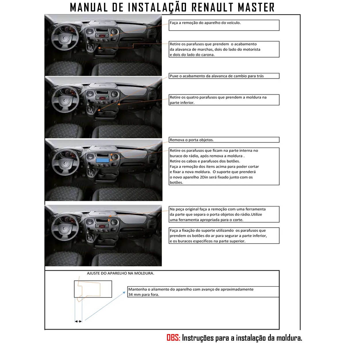 Multimídia Renault Master 2010 em Diante Espelhamento Bluetooth USB SD Card + Moldura + Câmera Borboleta + Chicote + Adaptador de Antena