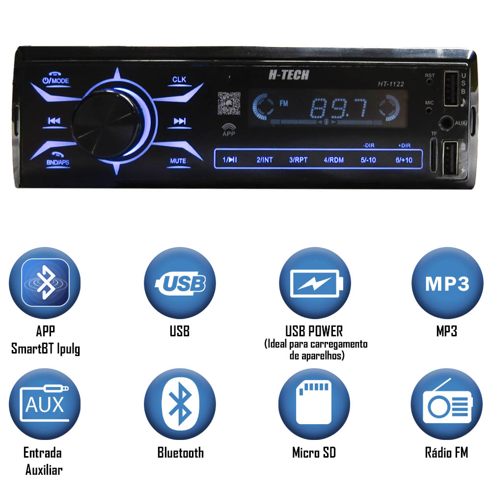 Rádio MP3 H-Tech HT-1122 Bluetooth USB SD Card