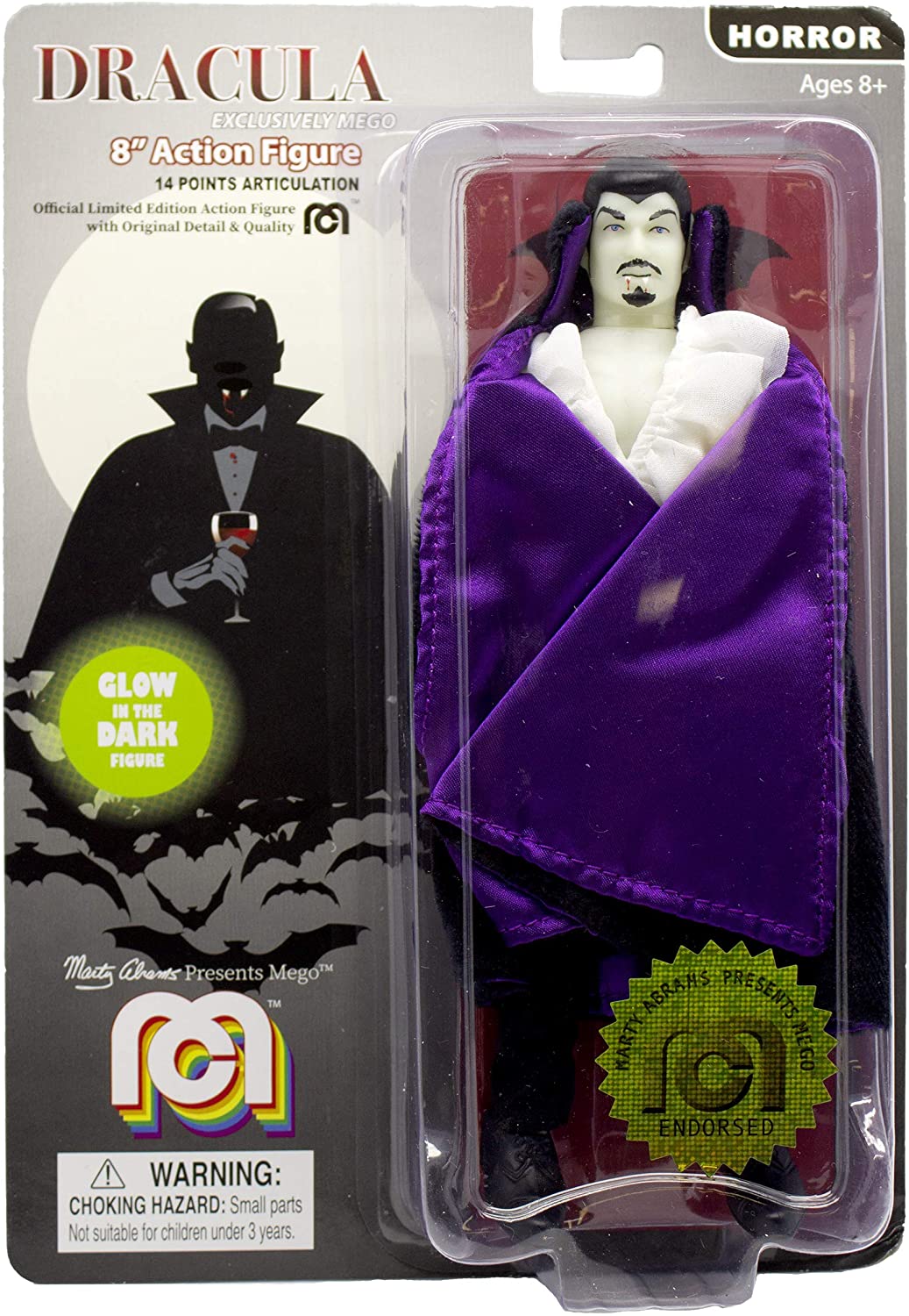Mego Action Figure Dracula c/ Capa Roxa Brilha no Escuro 20cm Oficial Licenciado
