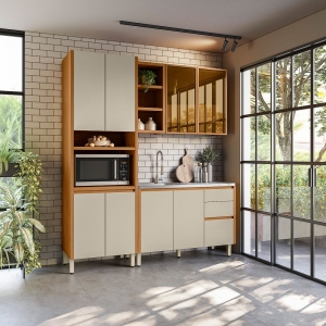 Cozinha Compacta 190cm Vidro Reflecta 8 Portas 3 Gavetas Michelangelo Linea Brasil - Nature/Off White