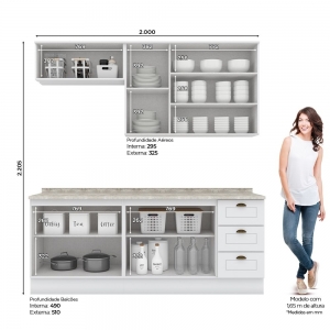 Cozinha Compacta Modulada 200cm Americana 8 Portas 3 Gavetas Henn - Branco/Calcare