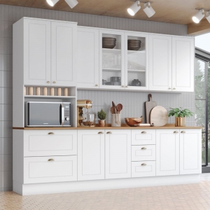 Cozinha Completa 271,5cm com Paneleiro 11 Portas 5 Gavetas Americana Henn - Branco/Nature