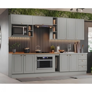 Cozinha Modulada 300cm com espaço para Cooktop Forno de Embutir e Nicho de Micro-ondas 9 Portas 3 Gavetas Americana Henn - Cinza/Nature