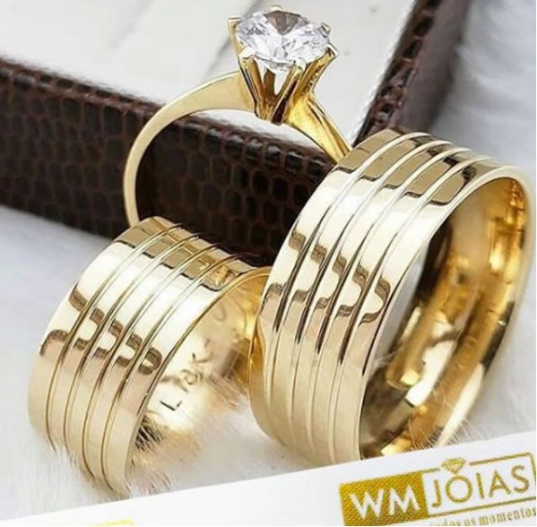 Par de  alianças mais anel de noivado em ouro -WM10009