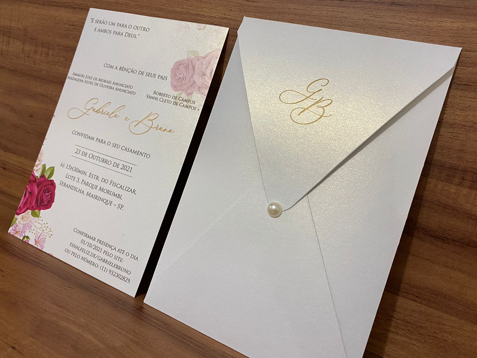 Convite de Casamento com Envelope em Papel Brilhante com Meia Pérola