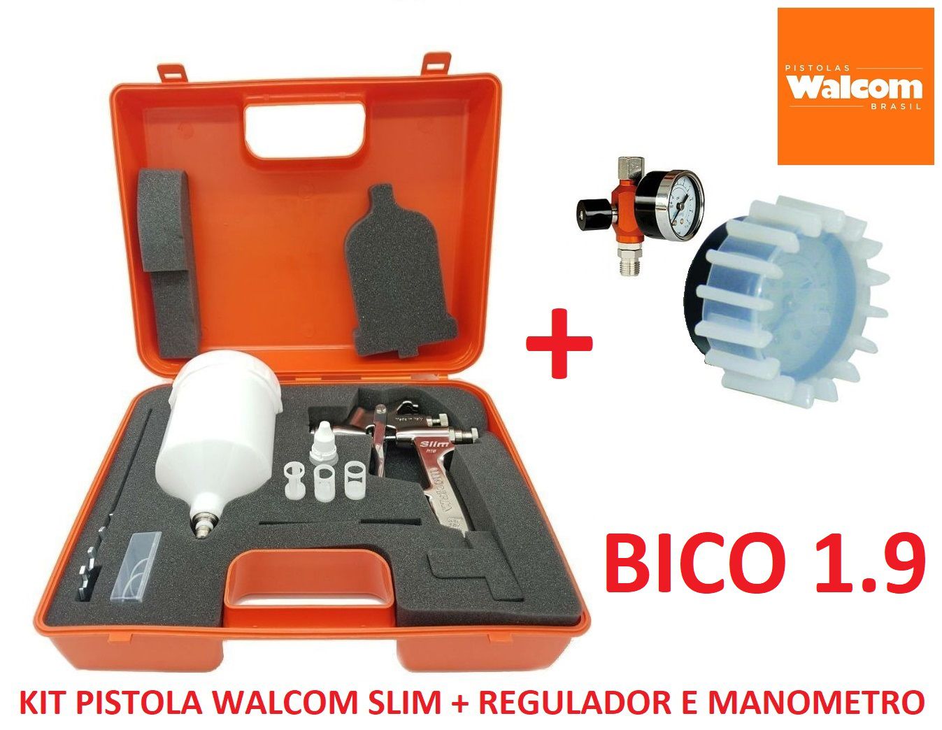 Pistola De Pintura Slim S Hte Walcom Bico 1.9 Gravidade + Regulador de pressão c/ Manômetro