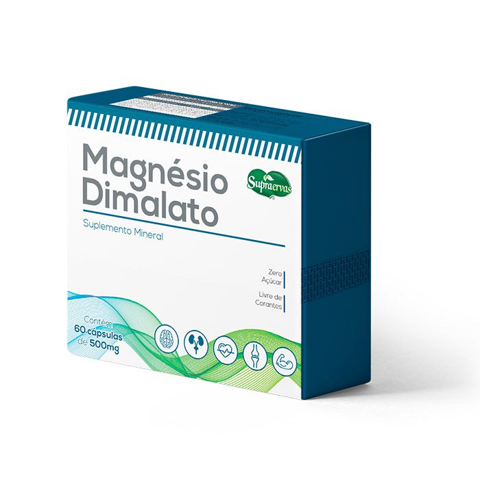 Magnésio Dimalato - 60 Cápsulas - 500mg - Zero Açúcar, Livre de corantes.
