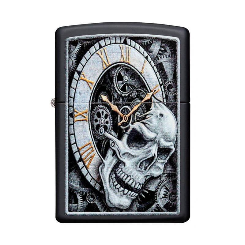 Isqueiro Zippo 29854 Classic Skull Clock Preto Fosco