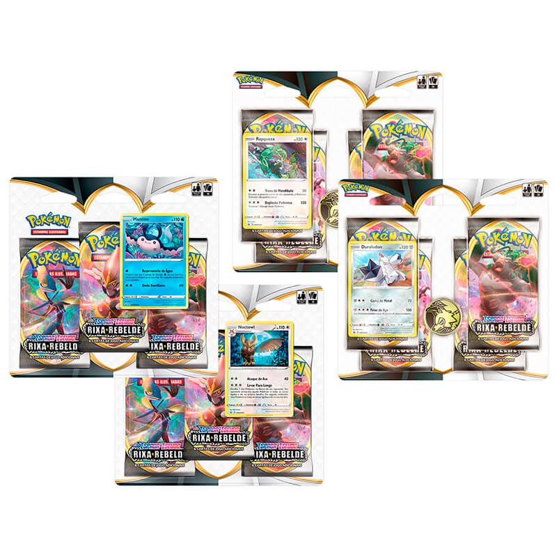 Pokémon TCG: 2 Triple Pack SWSH2 Rixa Rebelde - Mantine e Noctowl + 2 Quad Pack SWSH2 Rixa Rebelde - Duraludon e Rayquaza