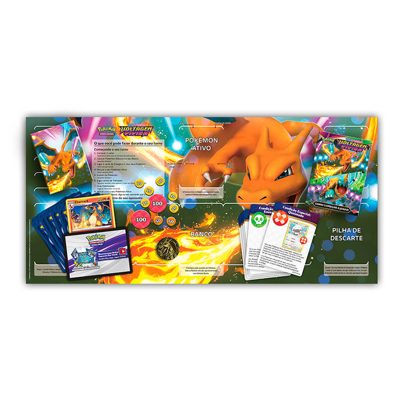 Pokémon TCG: Deck SWSH4 Voltagem Vívida - Baralho Temático Charizard + Quad Pack Vaporeon