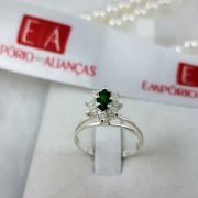 Anel Prata Feminino Cravejado Chuveiro Pedra Zircônia Verde e Branca