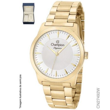 Relógio Champion Feminino Kit Semi Jóia Dourado Analógico Elegance CN27492W 