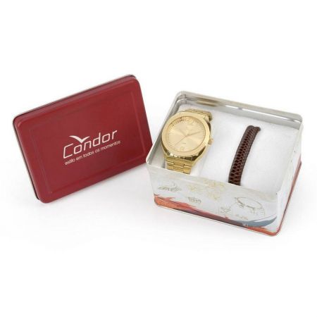 Relógio Condor Masculino Aço Inox Dourado Analógico Kit Pulseira CO2035KQP/K4X