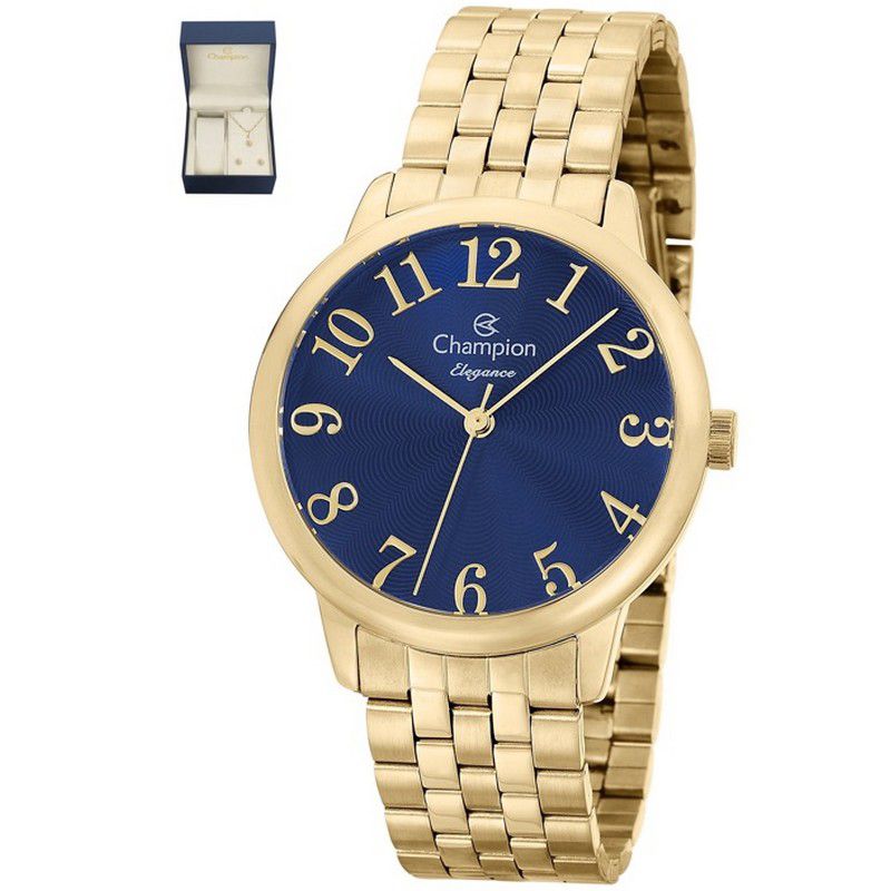 Relógio Champion Feminino Kit Semi Jóia Dourado Analógico Elegance CN26162K