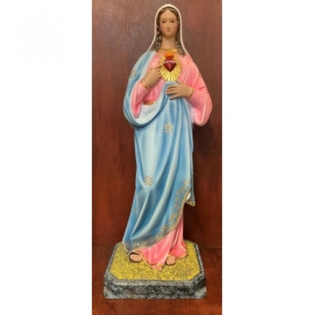 Sagrado Coração de Maria com olhos de vidro e base de madeira - gesso - 81cm