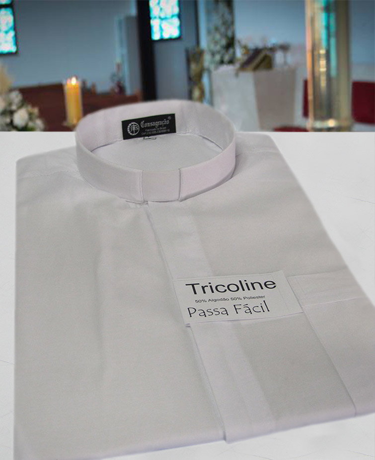 Camisa Clerical na cor branco em tricoline  50% algodão 50% poliéster - tamanhos PP, P, M, G e GG