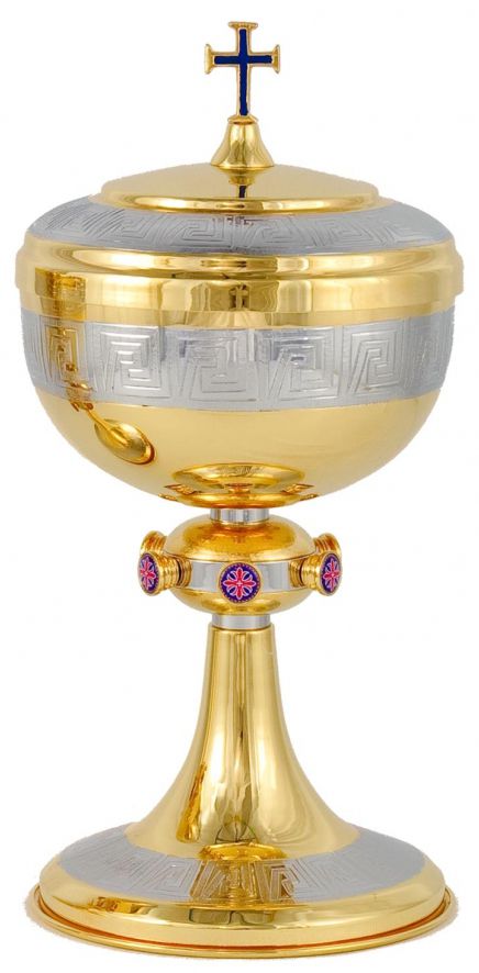 Âmbula / Cibório modelo Bizantino - dourado ou niquelado - altura 29cm - diâmetro da copa 14cm - capacidade para 500 partículas