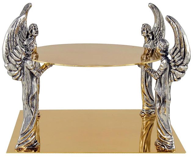 Suporte para Ostensório com anjos adoradores em latão fundido e cinzelados - toda peça recebe uma camada de verniz protetora - altura 20cm - diâmetro da base 30cm