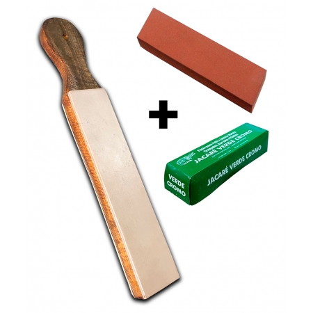 Kit Strop em couro + Pasta 400 g jacare + Pedra carborundum #400 Afiação e polimento de facas