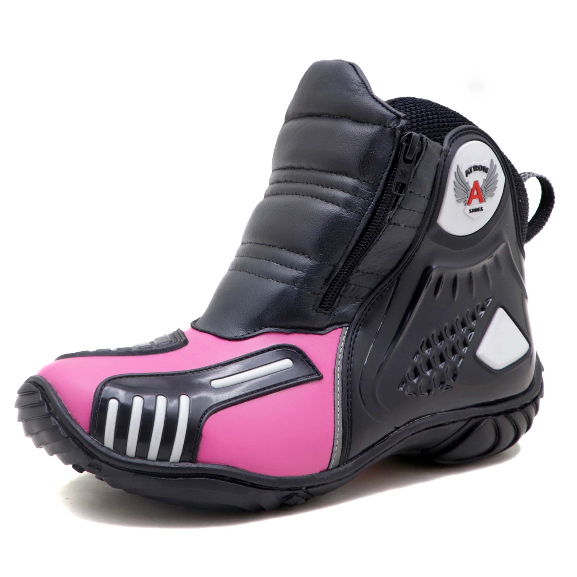 Bota motociclista Atron Shoes AS-HIGHWAY em couro legítimo semi-impermeável emborrachada na cor Pink 407