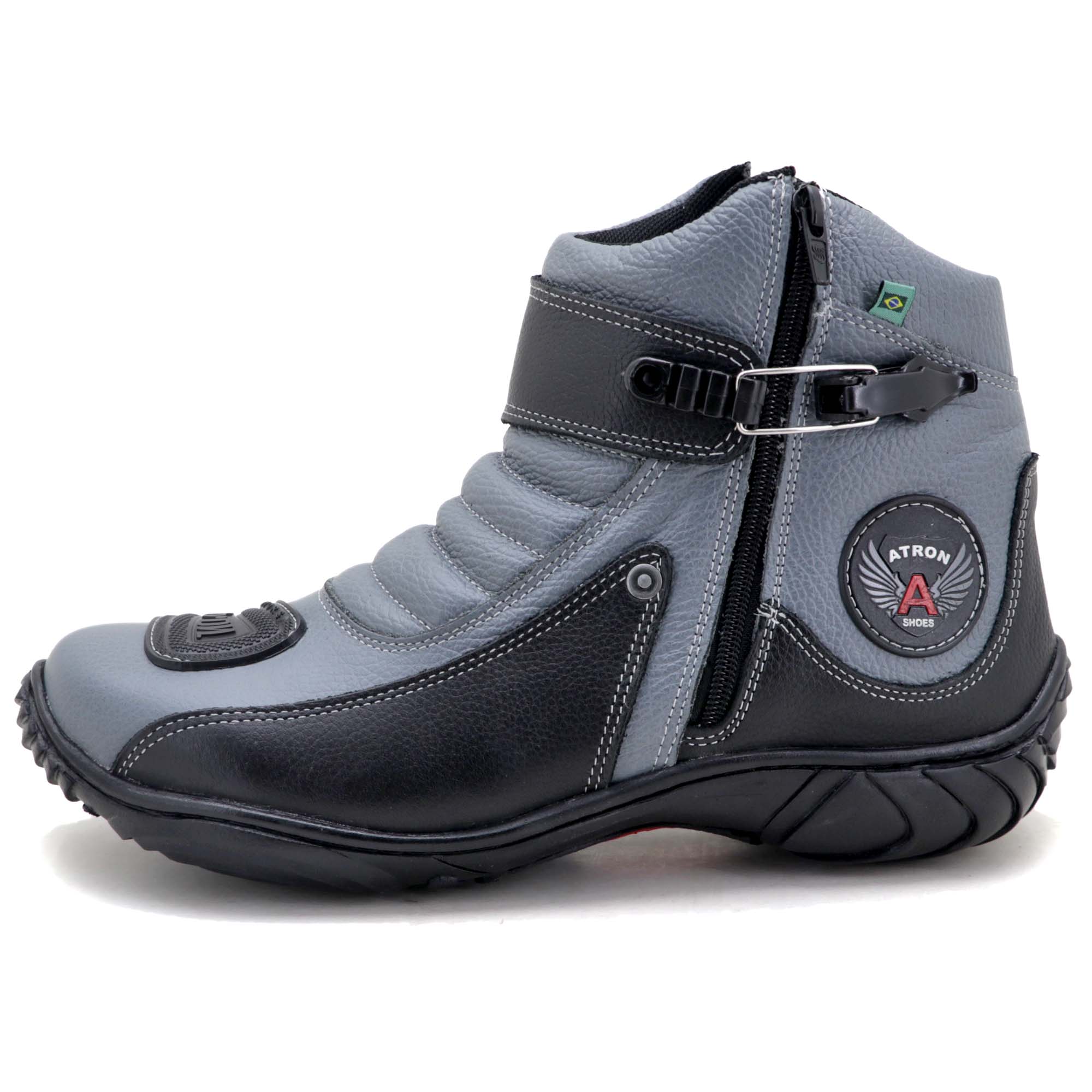 Bota motociclista Atron Shoes em couro legítimo 271 personalizado cinza e preto