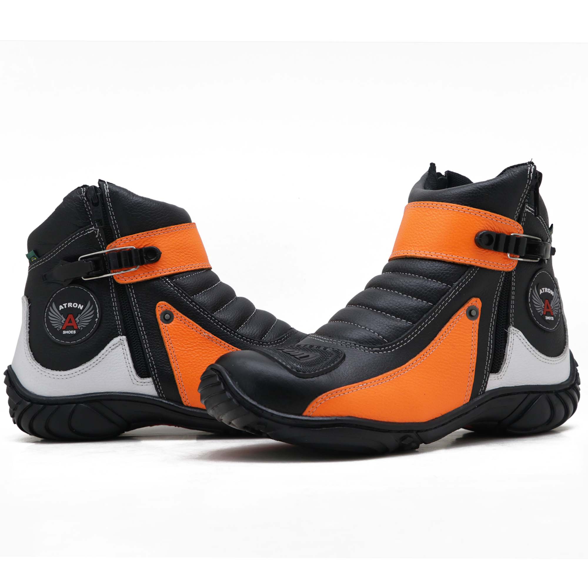 Bota motociclista Atron Shoes em couro legítimo nas cores preto laranja e branco 271