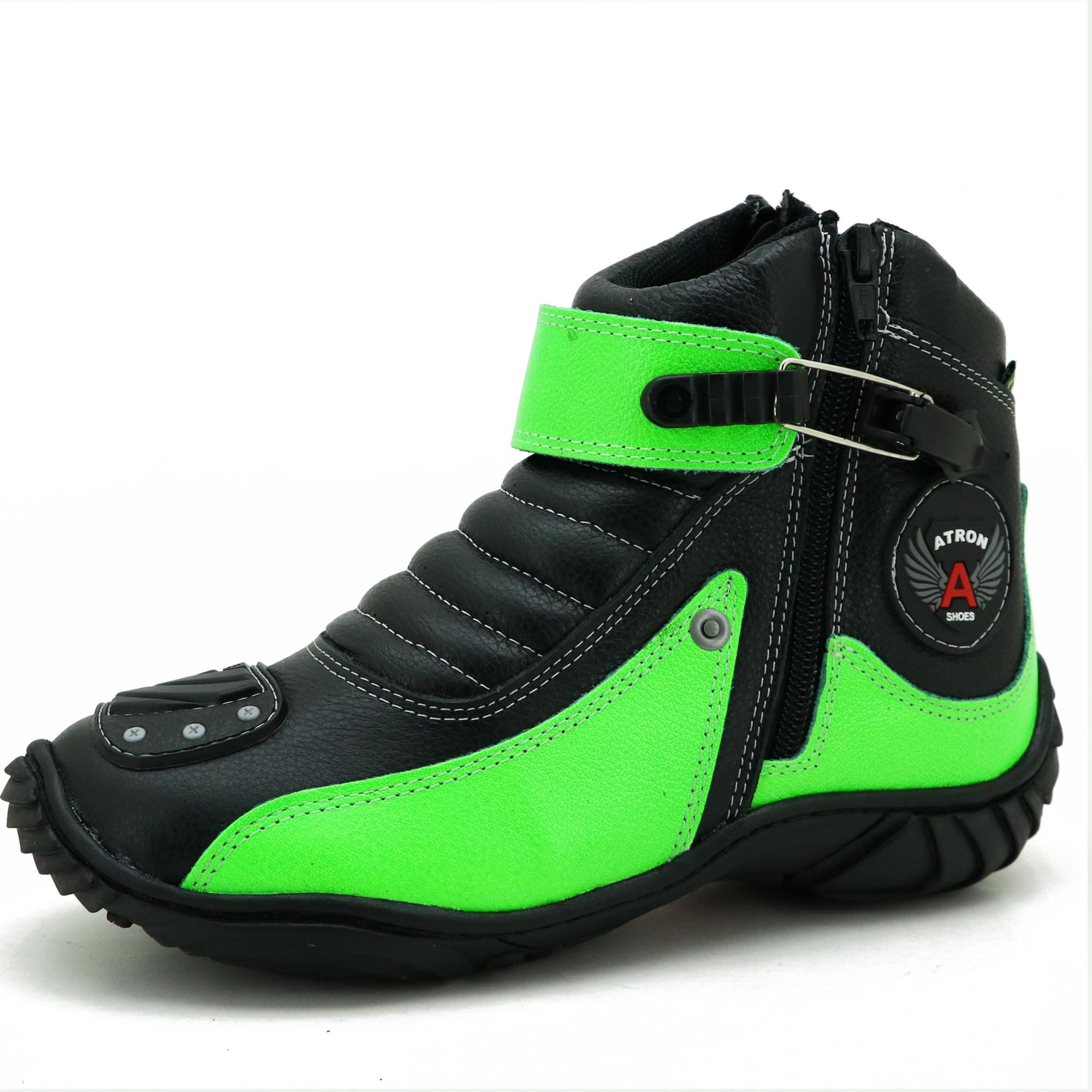 Bota motociclista Atron Shoes preta e verde em couro legítimo 271