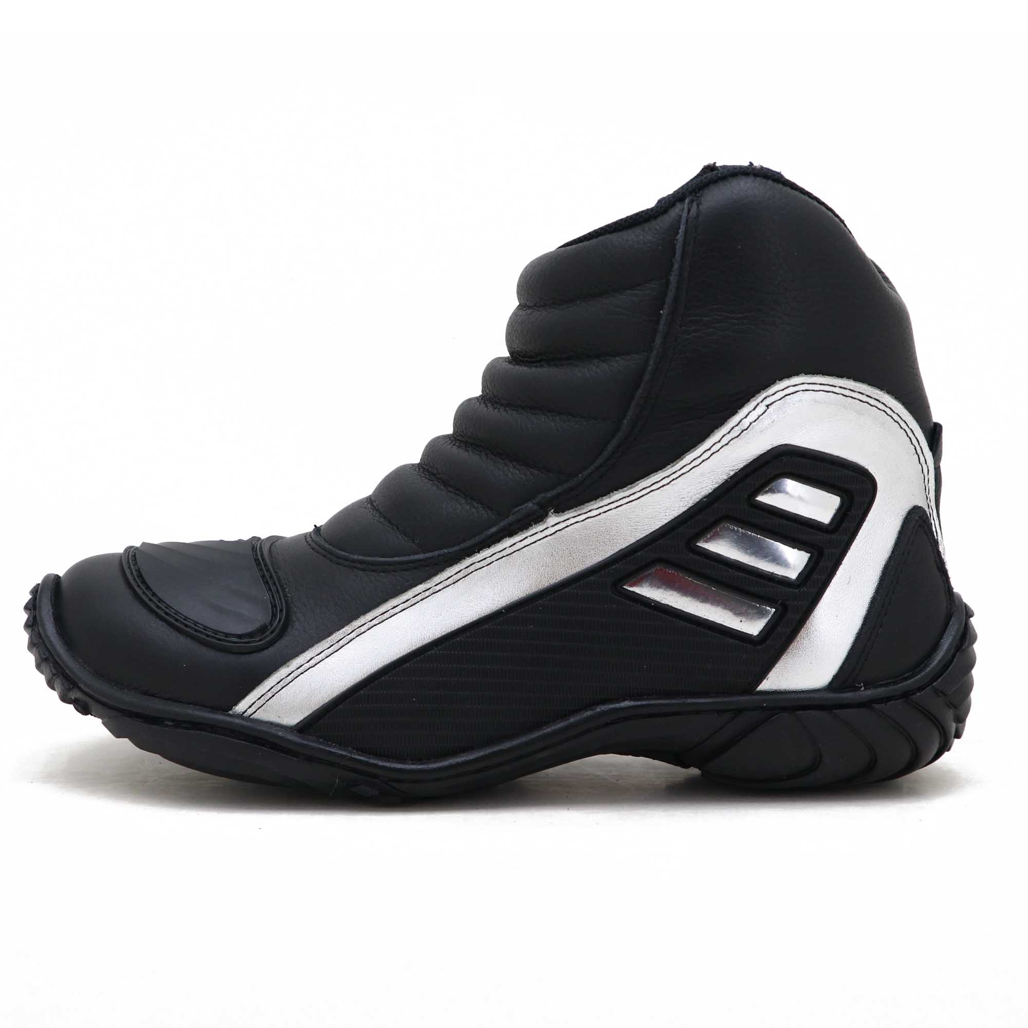 Bota motociclista Atron Shoes Refletiva em couro legítimo resistente a água nas cores preto e prata 279