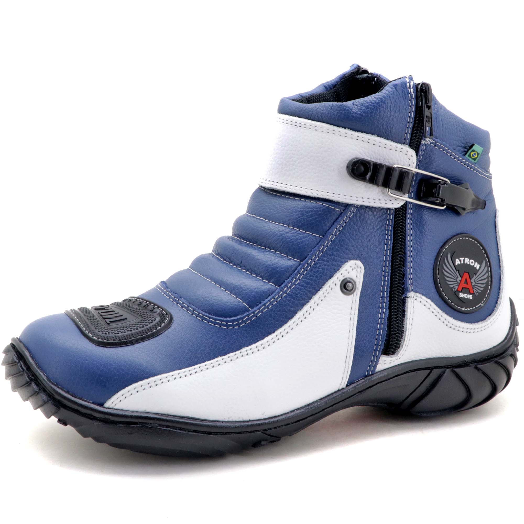 Bota para motociclista em couro Atron Shoes 271 nas cores azul e branco
