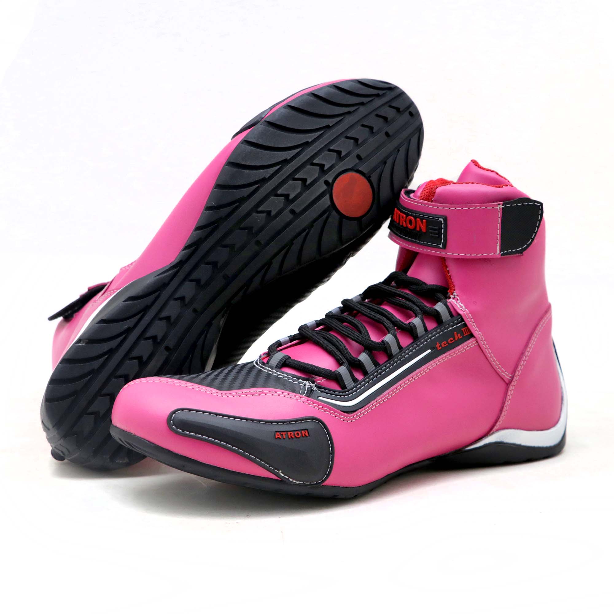 KIT CHINELO Tênis motociclista cano alto em couro legítimo nas cores pink preto 311