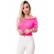 Blusa Cropped Vera Tricot Ombro a Ombro Franzidos Feminino Pink