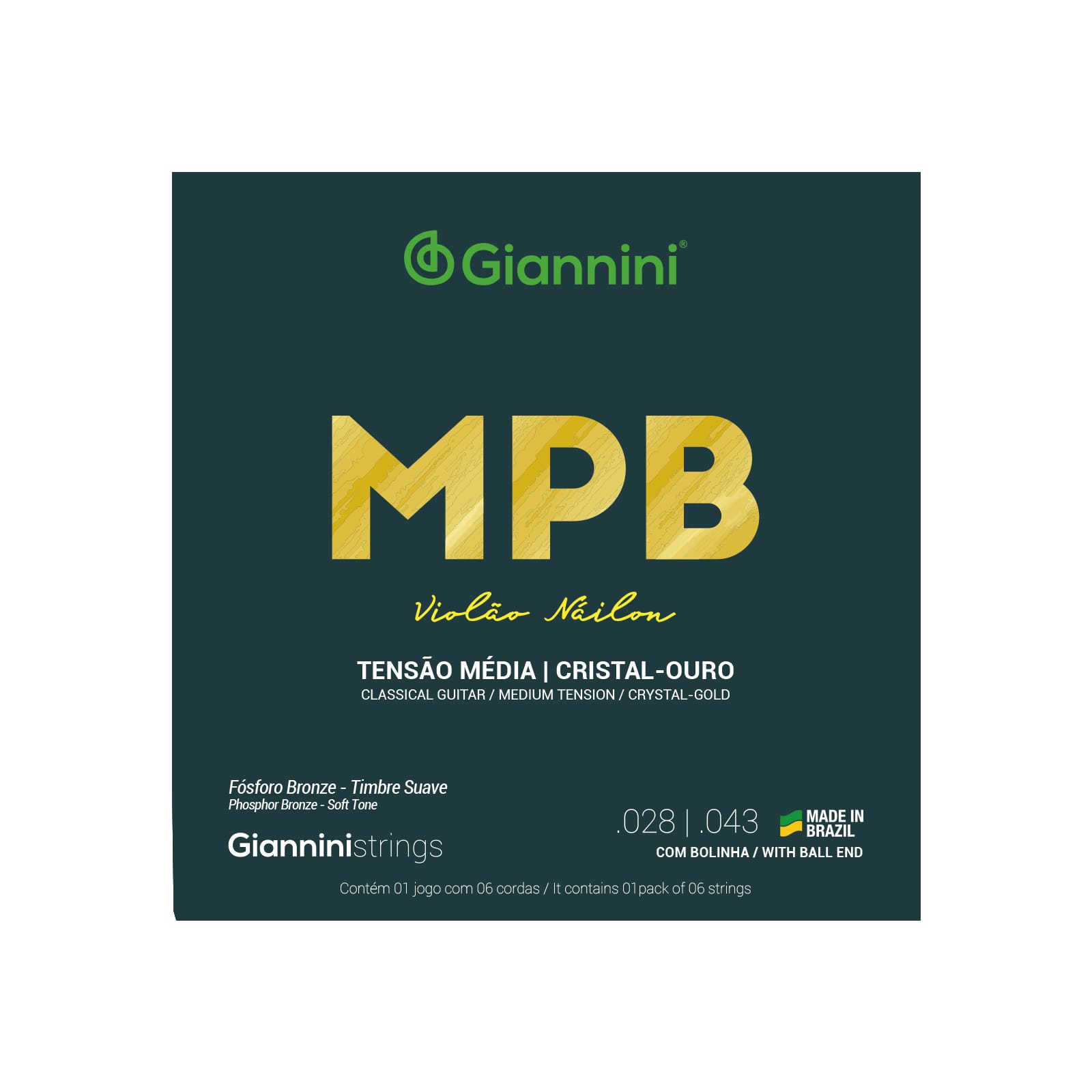 Encordoamento Violão Nylon Giannini MPB Cristal-Ouro Tensão Média