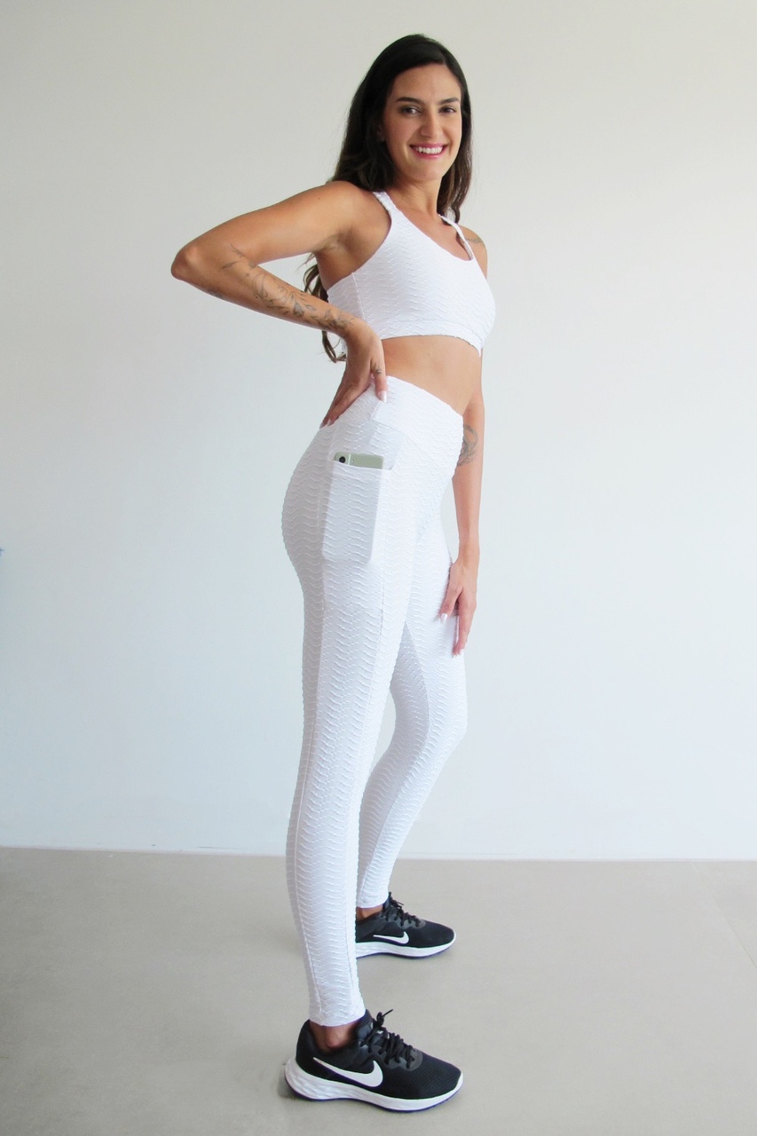 Fitness Calça com Bolso Legging Texturizada Branco