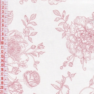 Tecido Tricoline Estampado - Flores Rosa e Off White - 50cm x 150cm