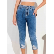 Calça Dioxes feminina jeans capri com cinto amarração