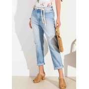 Calça Dioxes feminina jeans mom com cinto amarração