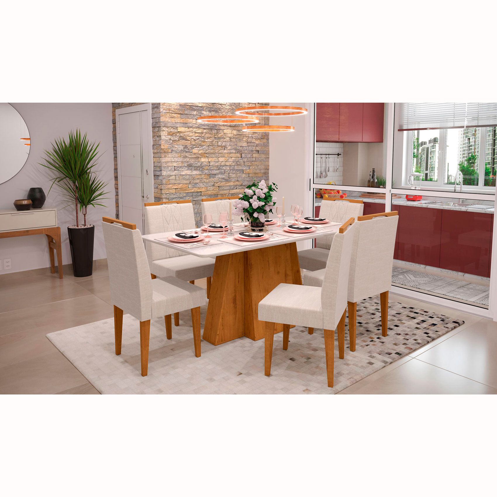 Mesa de Jantar Com 6 Cadeiras Amalfi Canela / Off White