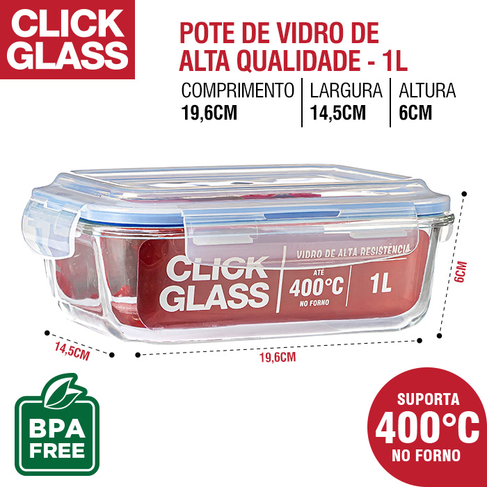Kit 5 Potes de Vidro 100% Herméticos Qualidade Click Glass