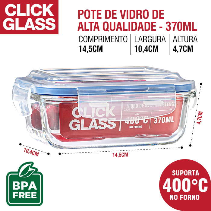 Kit 5 potes de vidro 100% herméticos Qualidade Click Glass