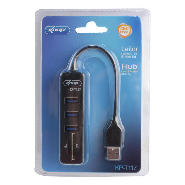 Hub USB 2.0 Com 3 Portas Leitor De Cartão SD E Mini Sd Preto KP-T117 Knup
