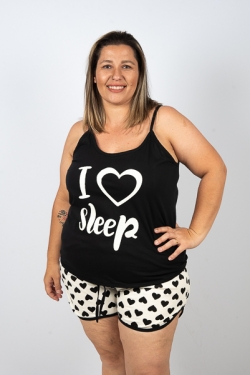 Pijama Alça Feminino Adulto Plus Size -I Love Sleep-Coração Preto